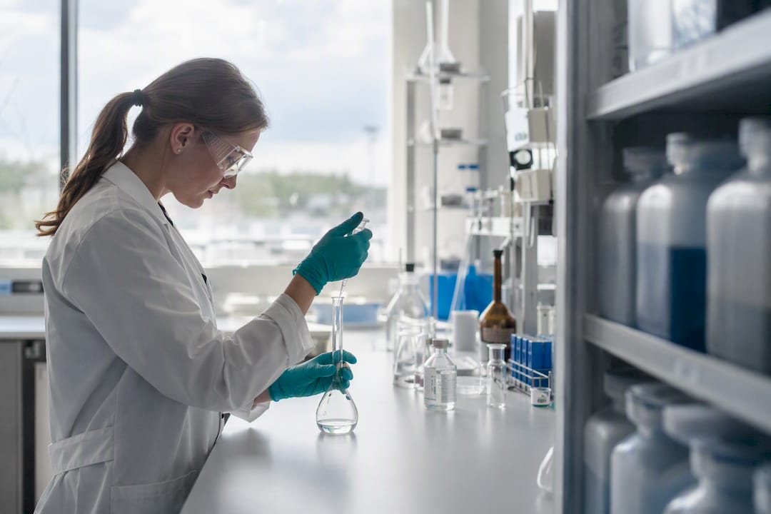 Technician pouring chemical sample in lab