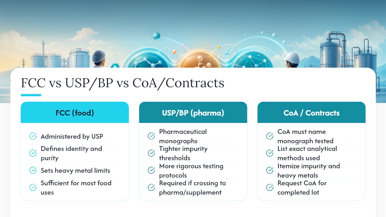Sourcing Food-Grade Chemicals: FCC, USP, and What a Real Contract Should Cover — overview diagram