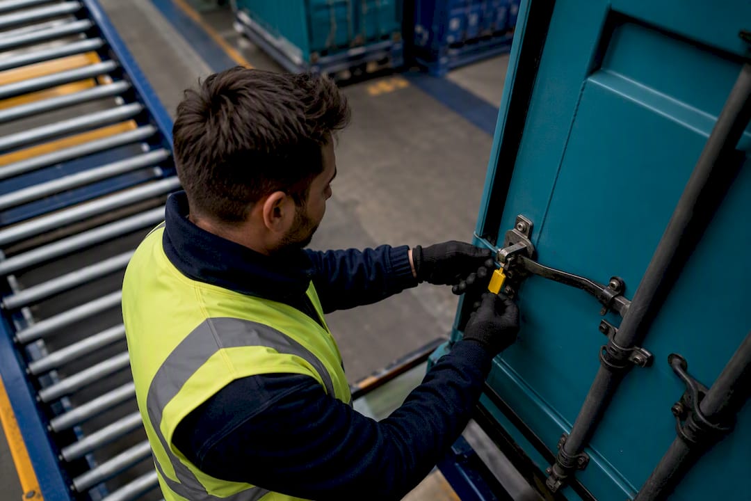 Hands inspecting freight container seal
