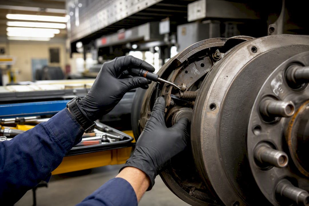 Hands inspecting tractor-trailer coupling