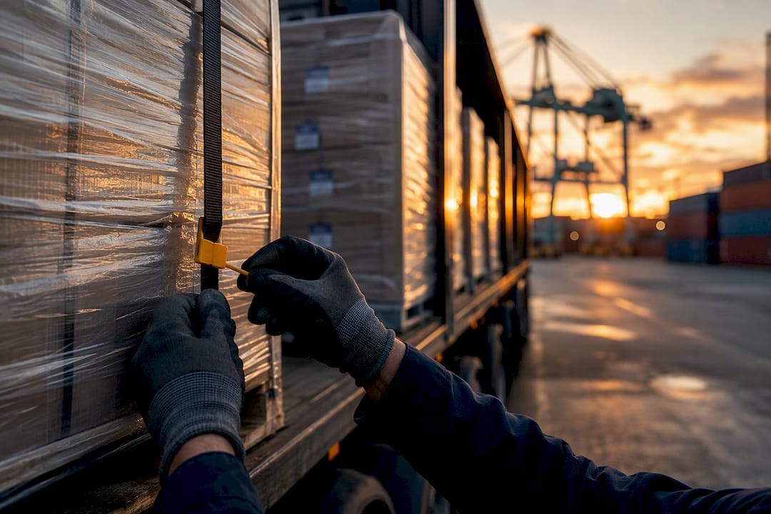 Hands sealing freight pallet in logistics yard