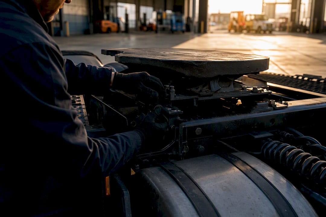 Hands inspecting tractor-trailer coupling device