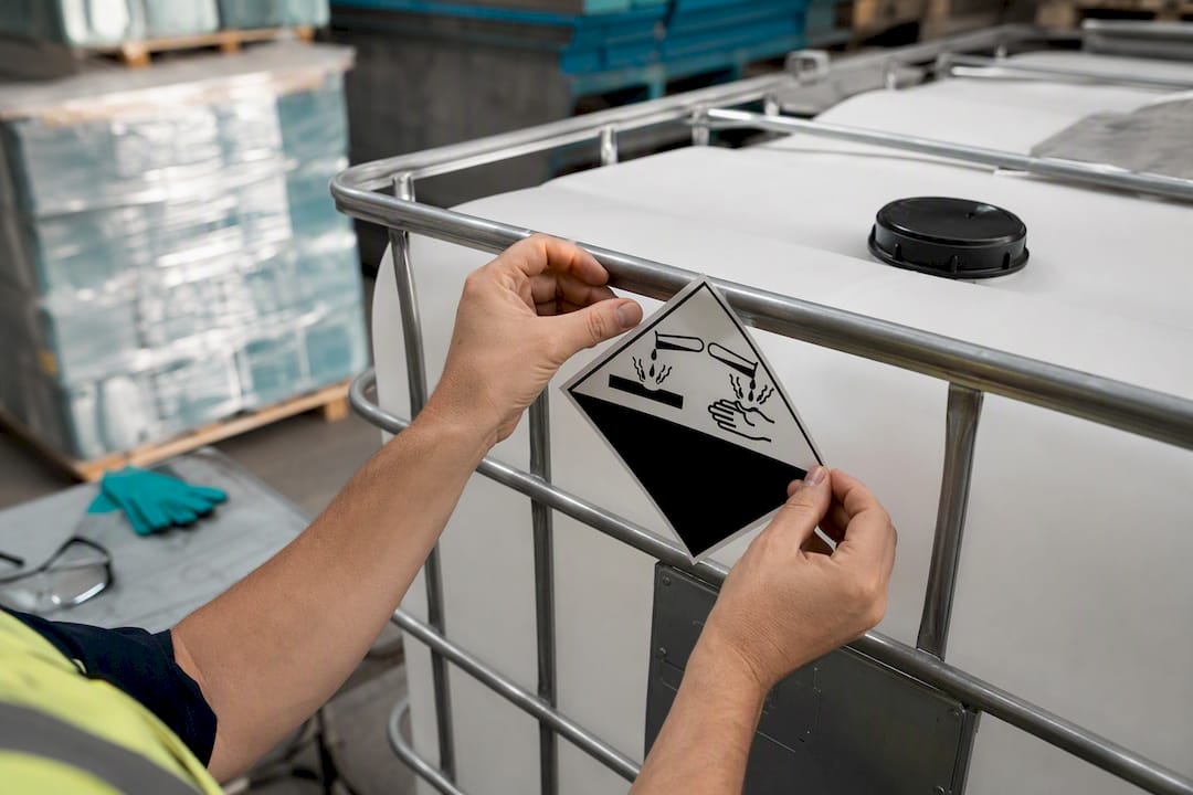 Hands attaching placard on hazmat chemical container
