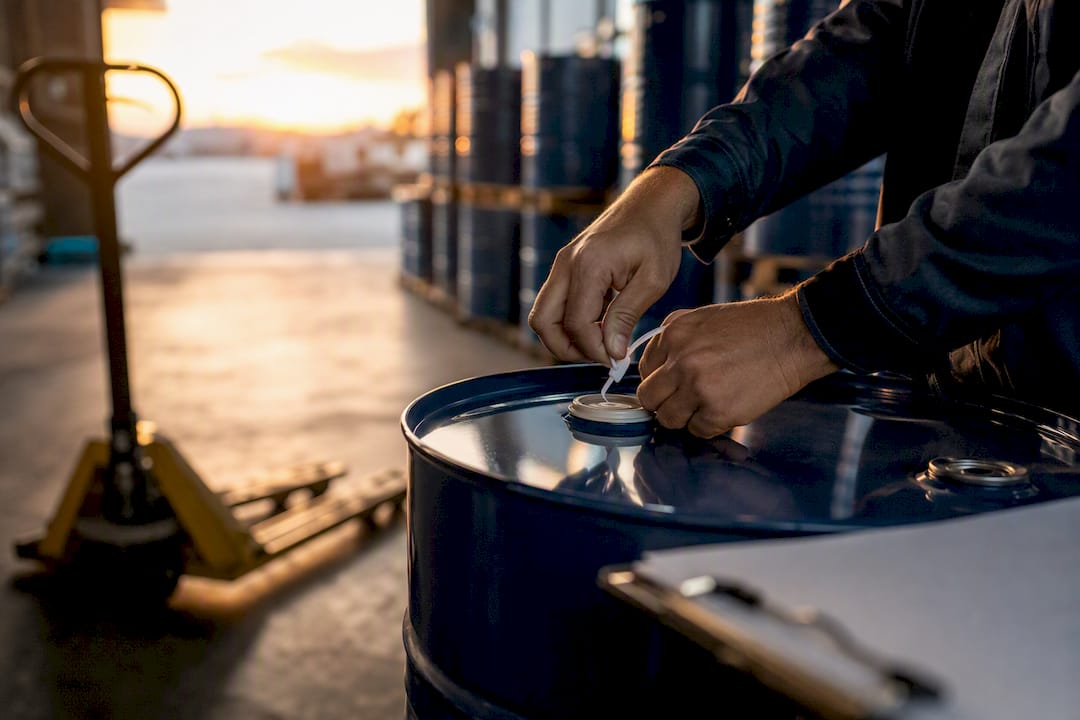 Hands sealing chemical drum at warehouse