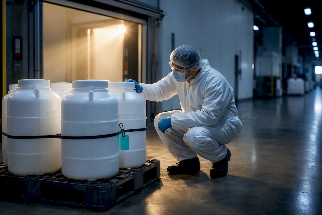 Pharmaceutical chemical shipment undergoing receiving inspection
