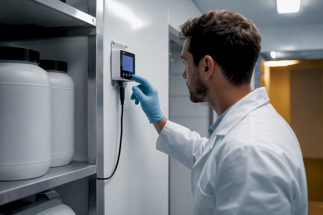 Technician checking chemical storage temperature logger