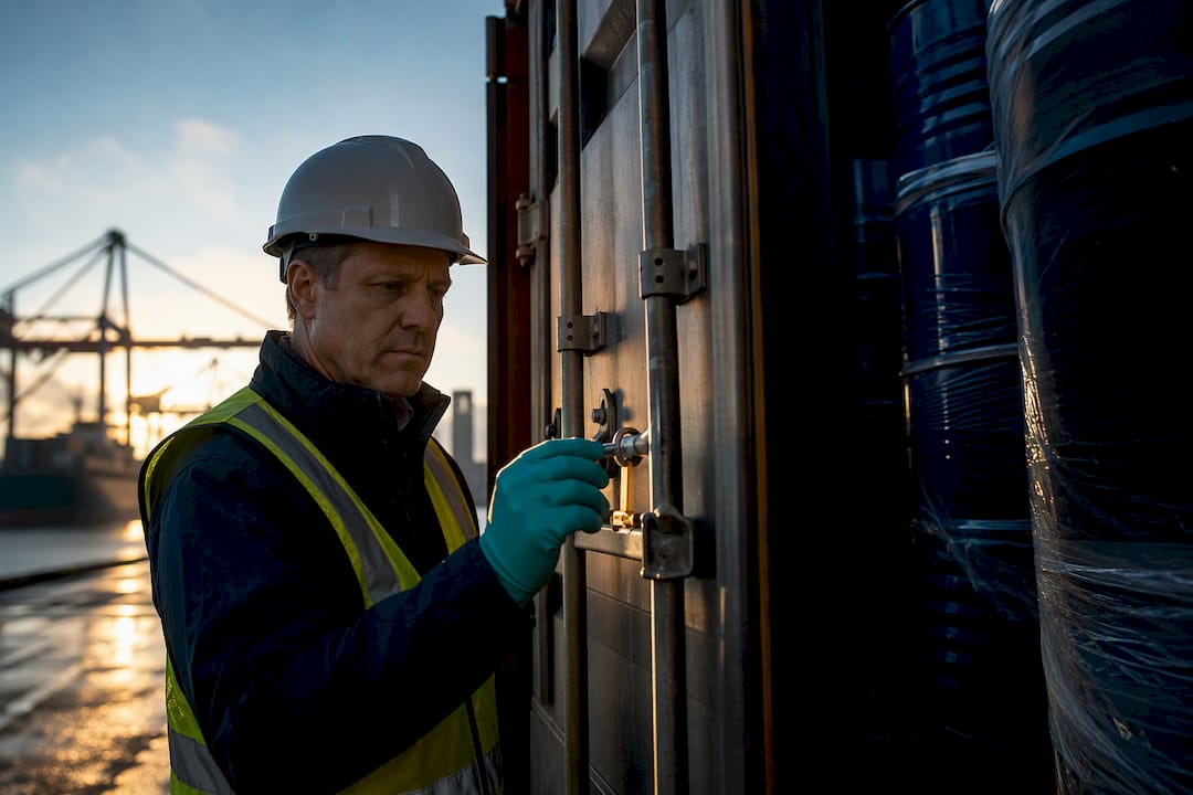 Customs inspector examining chemical shipment seal