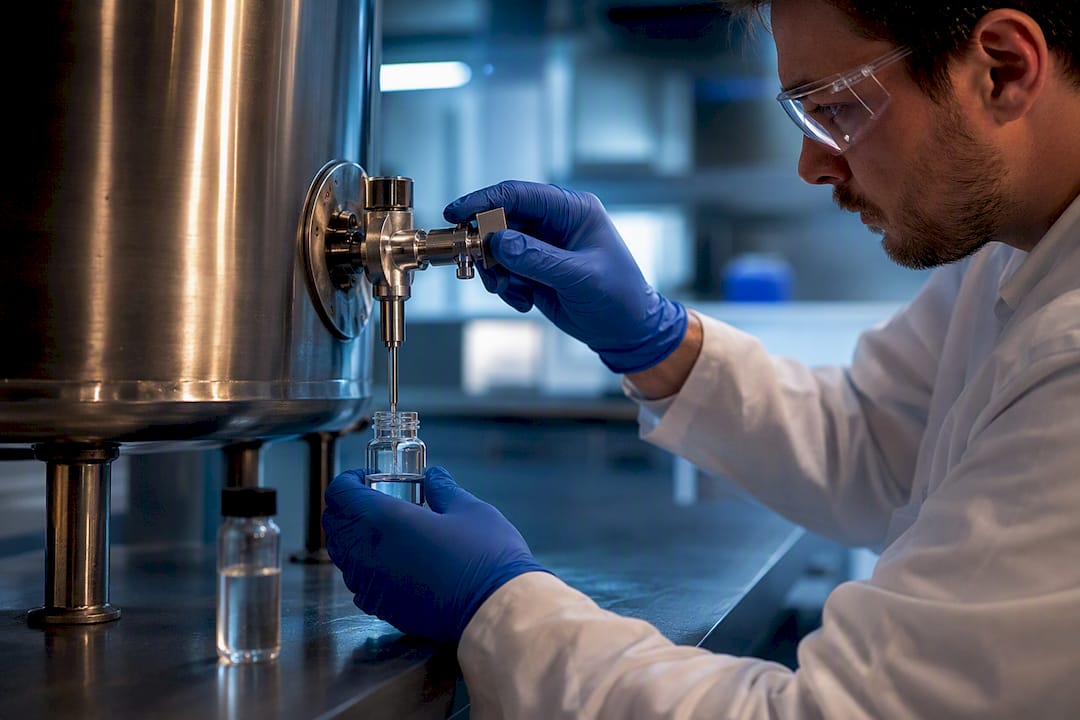 Technician collecting a chemical quality sample