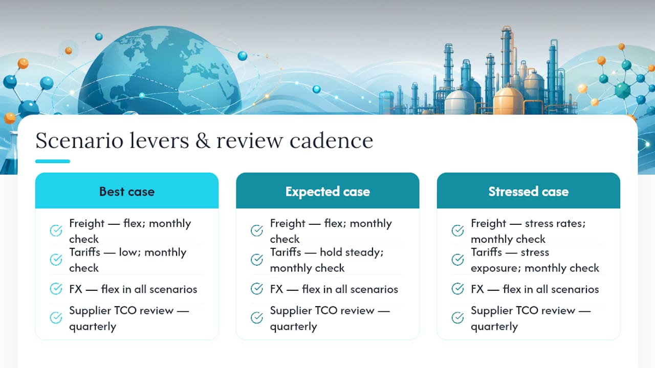 Three landed-cost scenario bands and review cadence