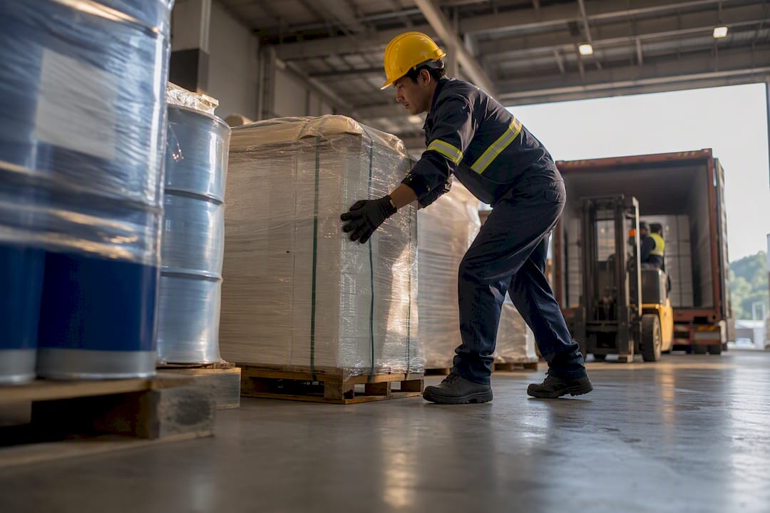 Workers transferring sealed freight during breakbulk handling