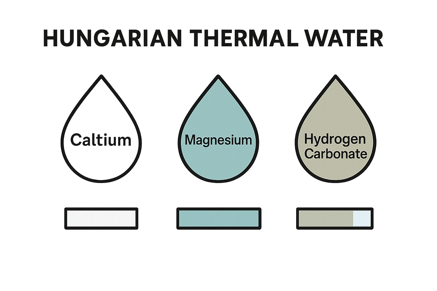 Infographic of key minerals in Hungarian thermal water: calcium, magnesium, hydrogen carbonate