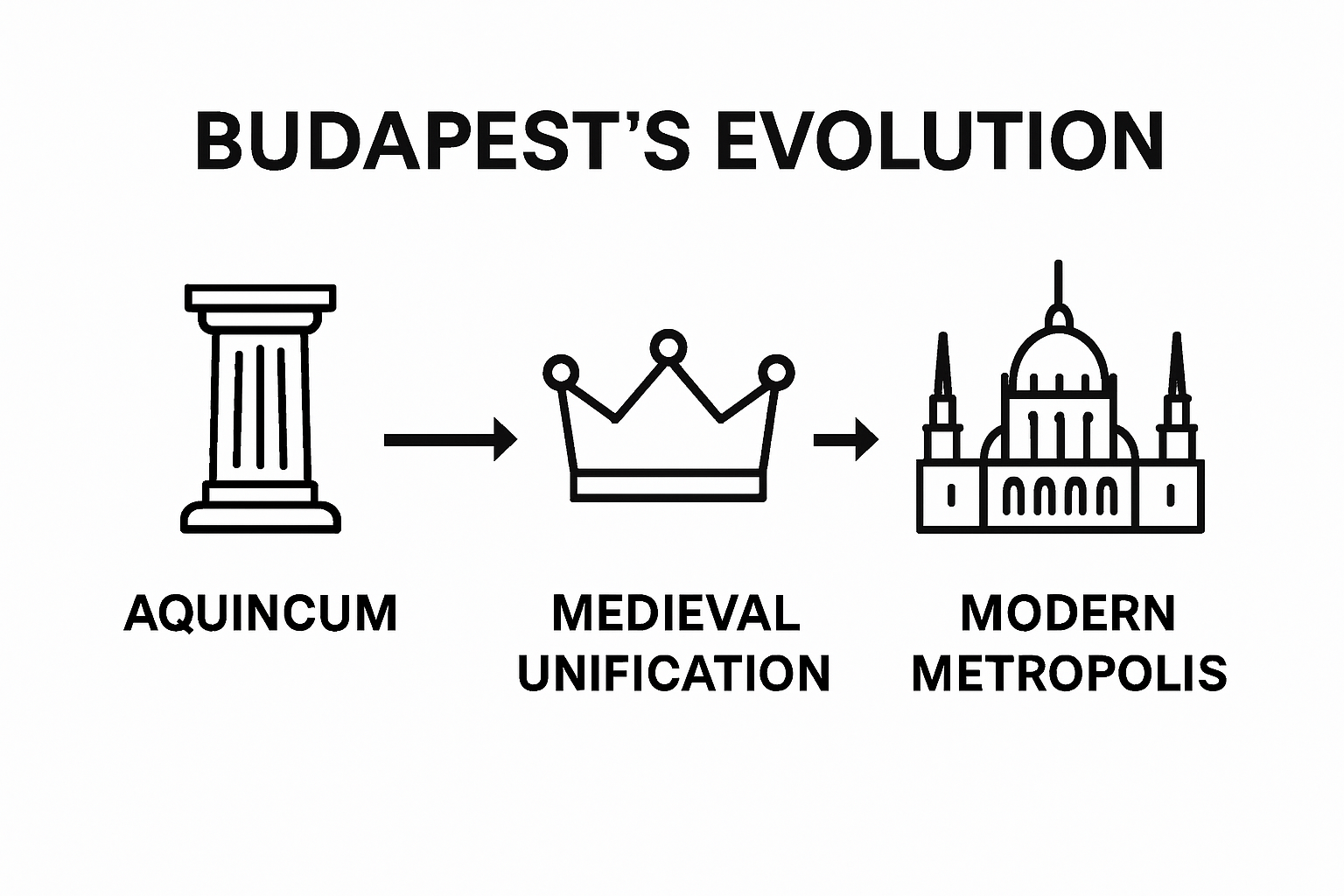 Timeline icons show Roman, medieval, and modern Budapest evolution
