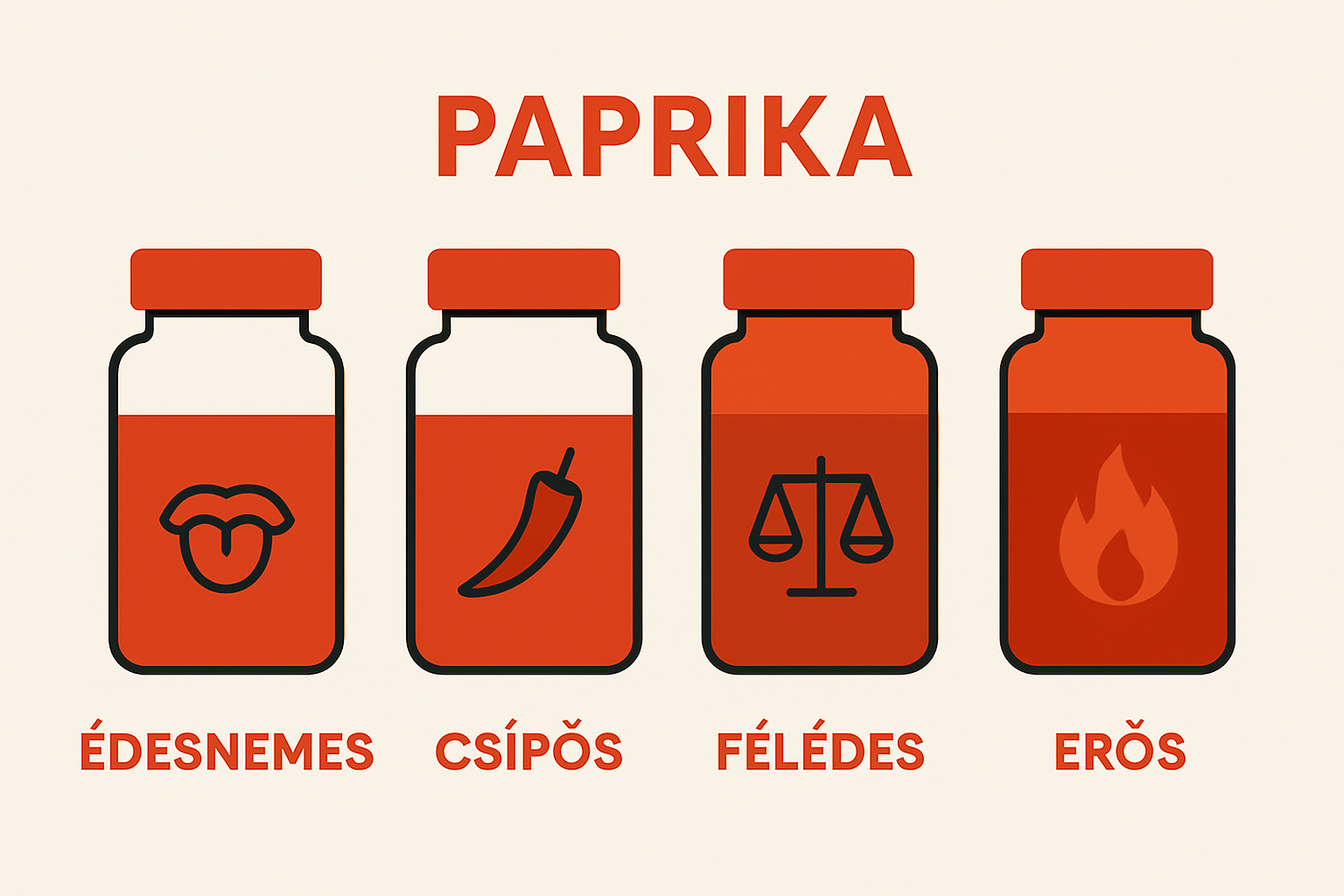 Visual comparison of four main types of Hungarian paprika with icons for heat levels