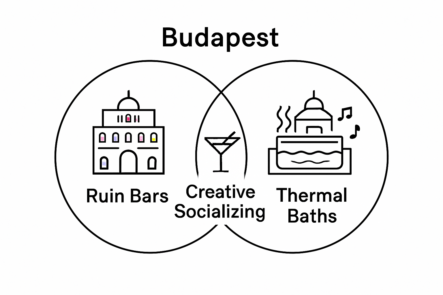Budapest nightlife experiences Venn diagram: Ruin Bars vs Thermal Baths