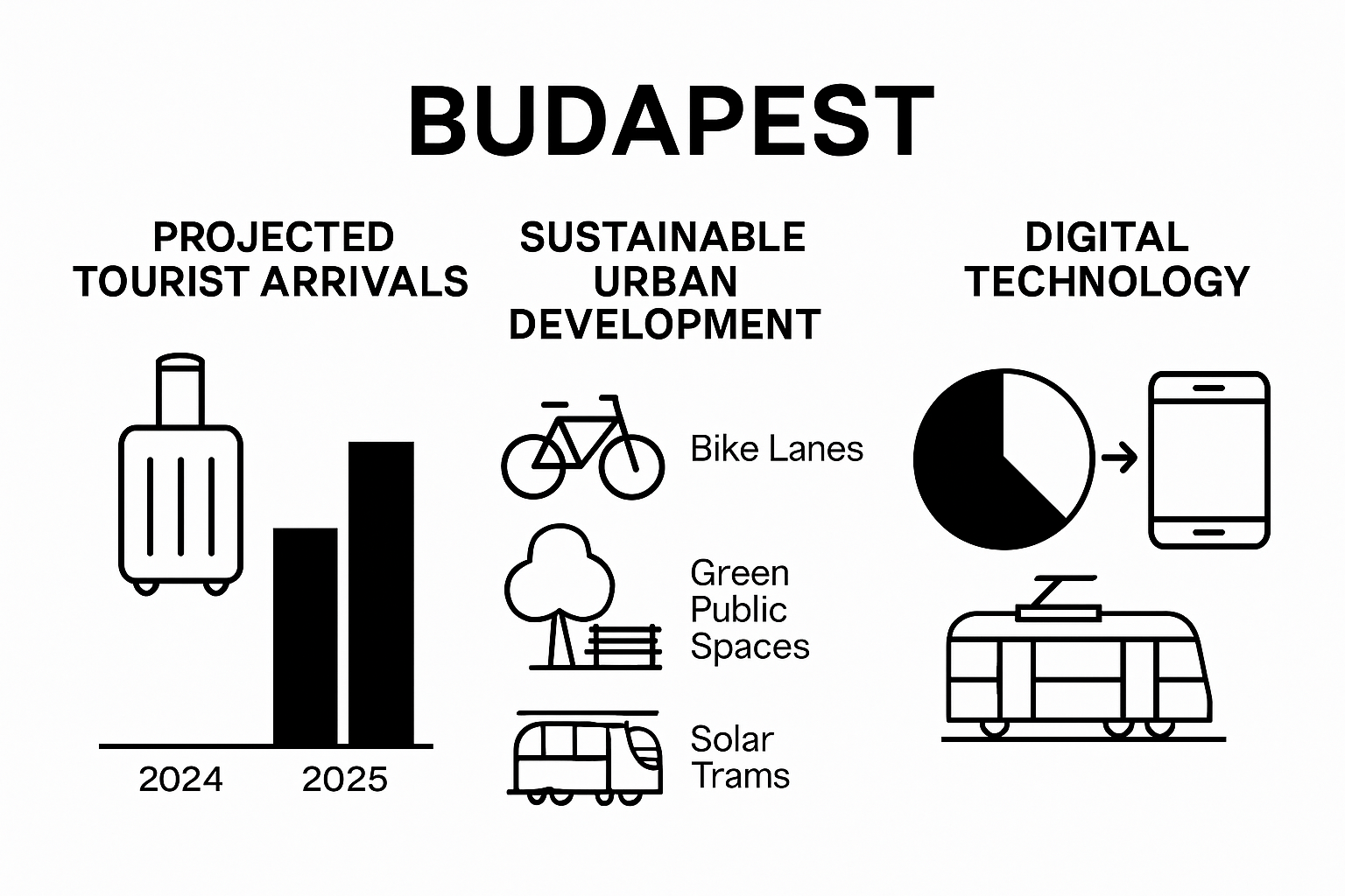 Infographic showing Budapest tourism, sustainability, and tech trends for 2025