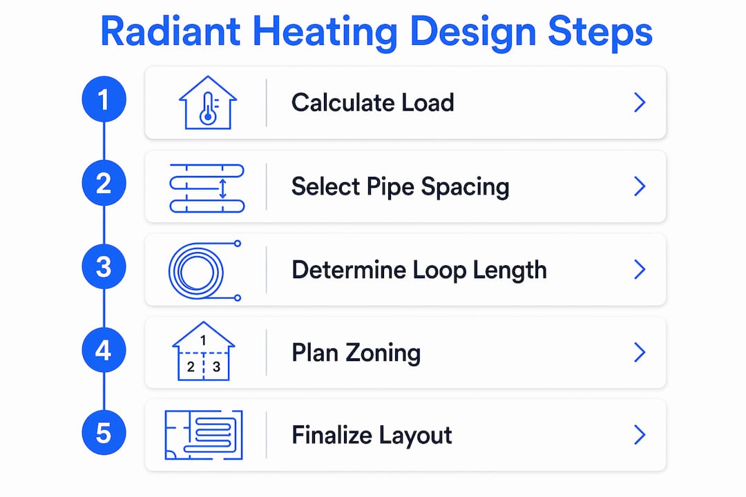 Infographic illustrating radiant floor heating design steps