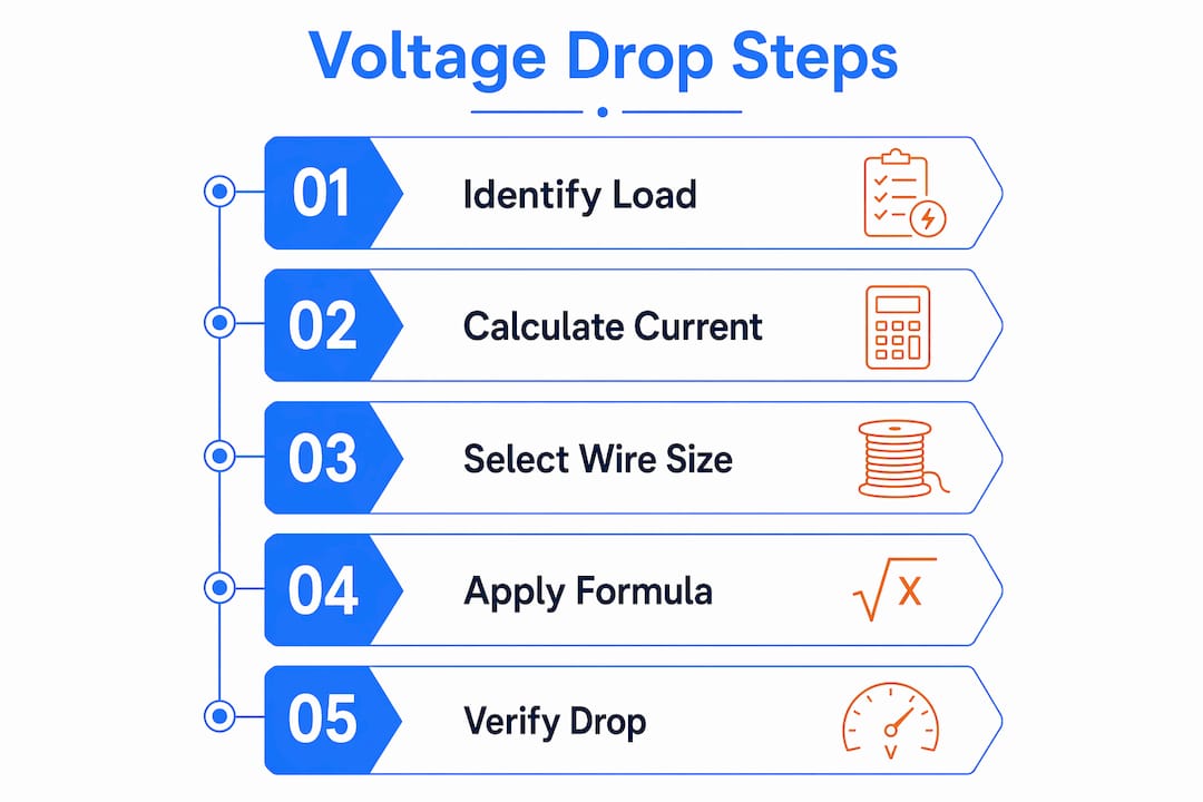 Infographic illustrating steps in voltage drop calculation