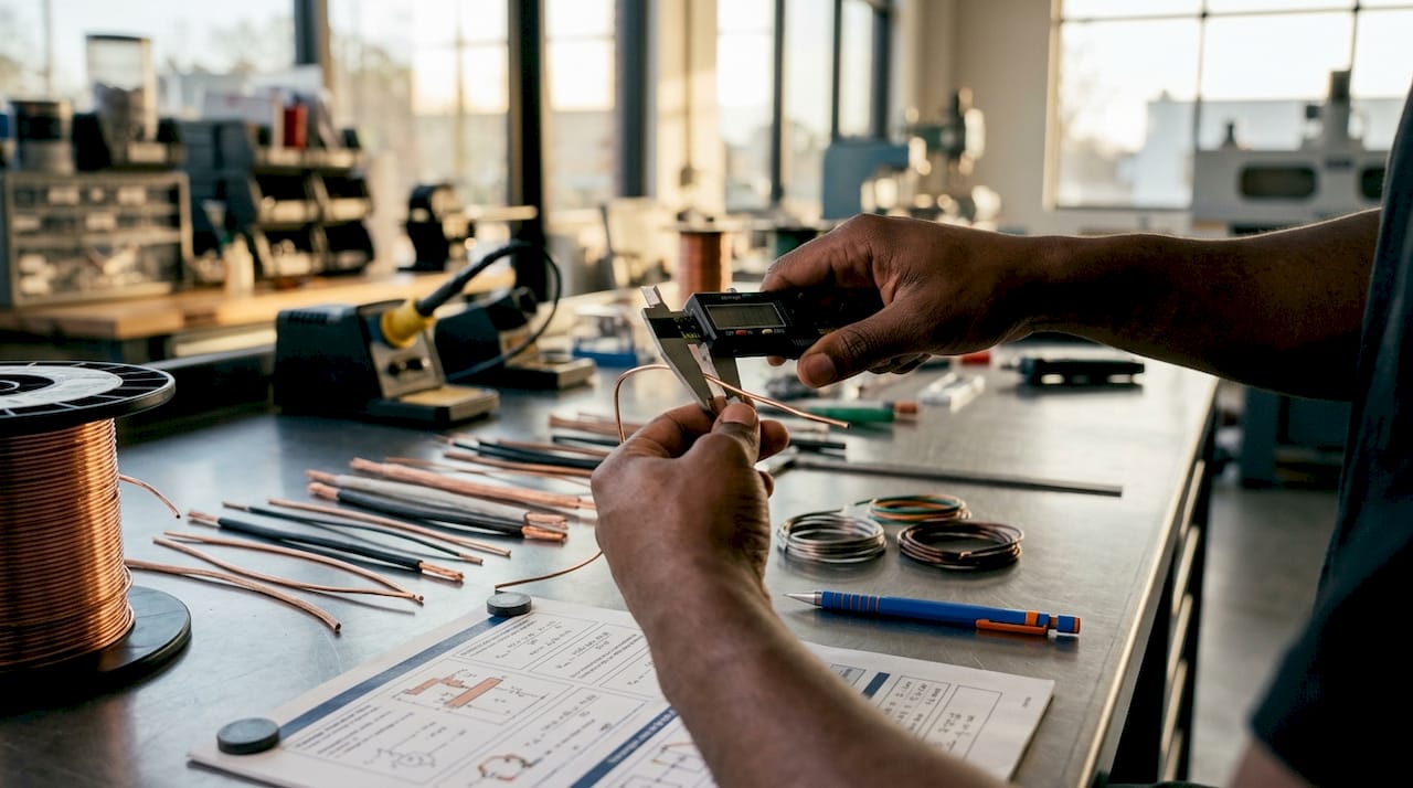 Hands measuring copper wire gauge with caliper