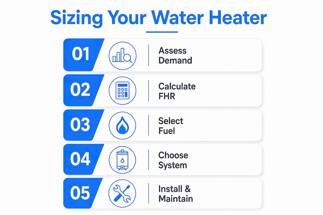 Infographic showing step-by-step water heater sizing process