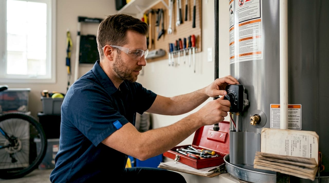 Technician adjusting gas water heater temperature controls