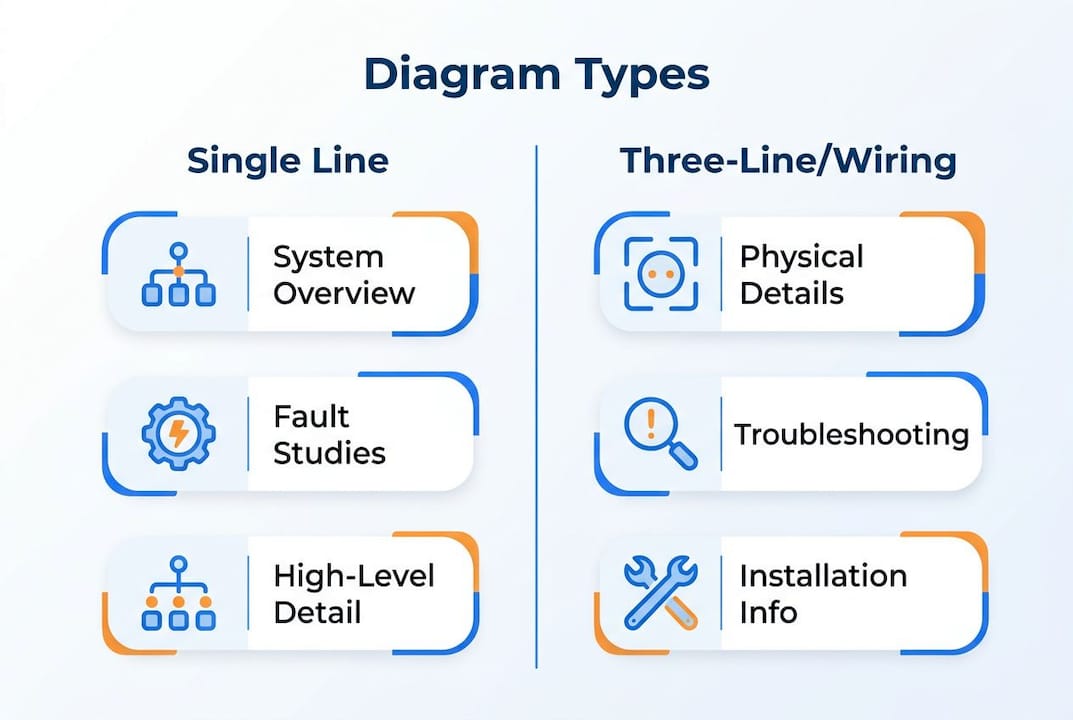 Infographic comparing single line and three-line diagrams
