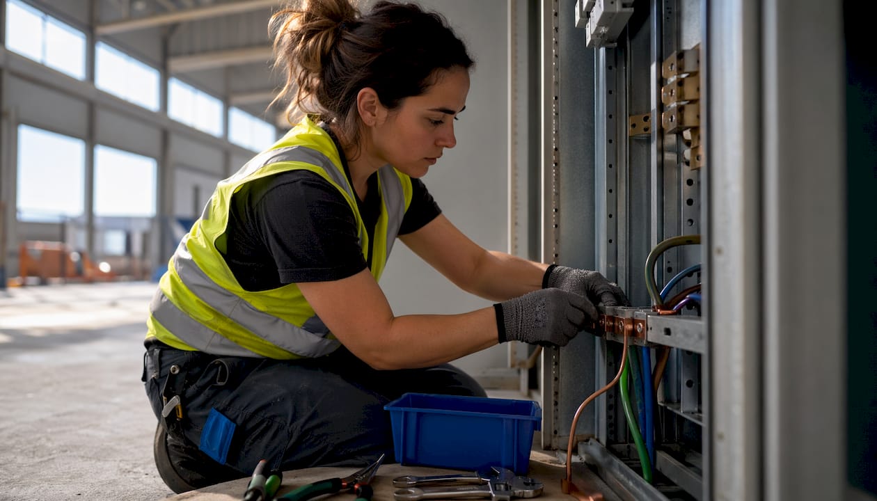 Electrician installing bonding jumper in service panel