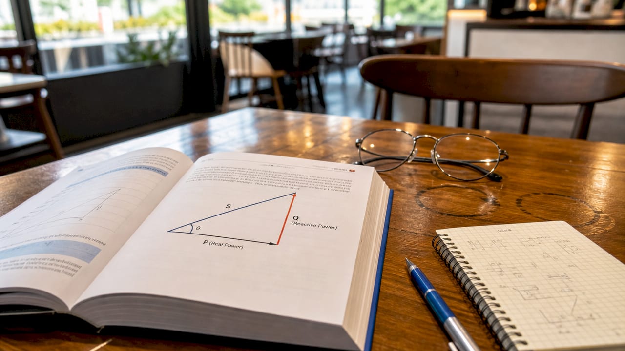 Close-up of power triangle diagram in textbook with glasses