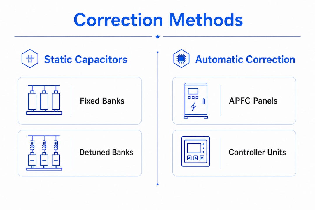 Infographic comparing static vs automatic power factor correction
