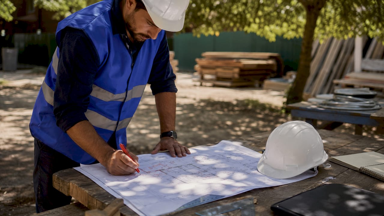 Hands making redline markups on blueprint