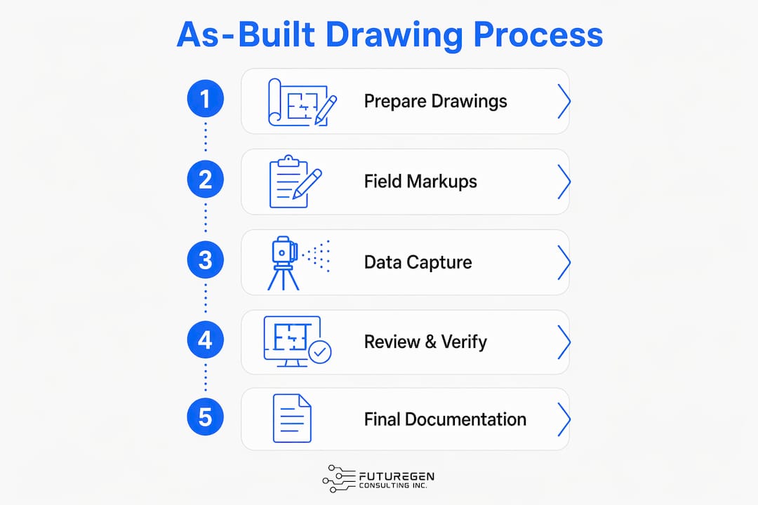 Infographic showing steps in as-built drawing creation process