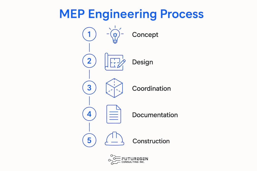 Infographic illustrating MEP engineering process steps