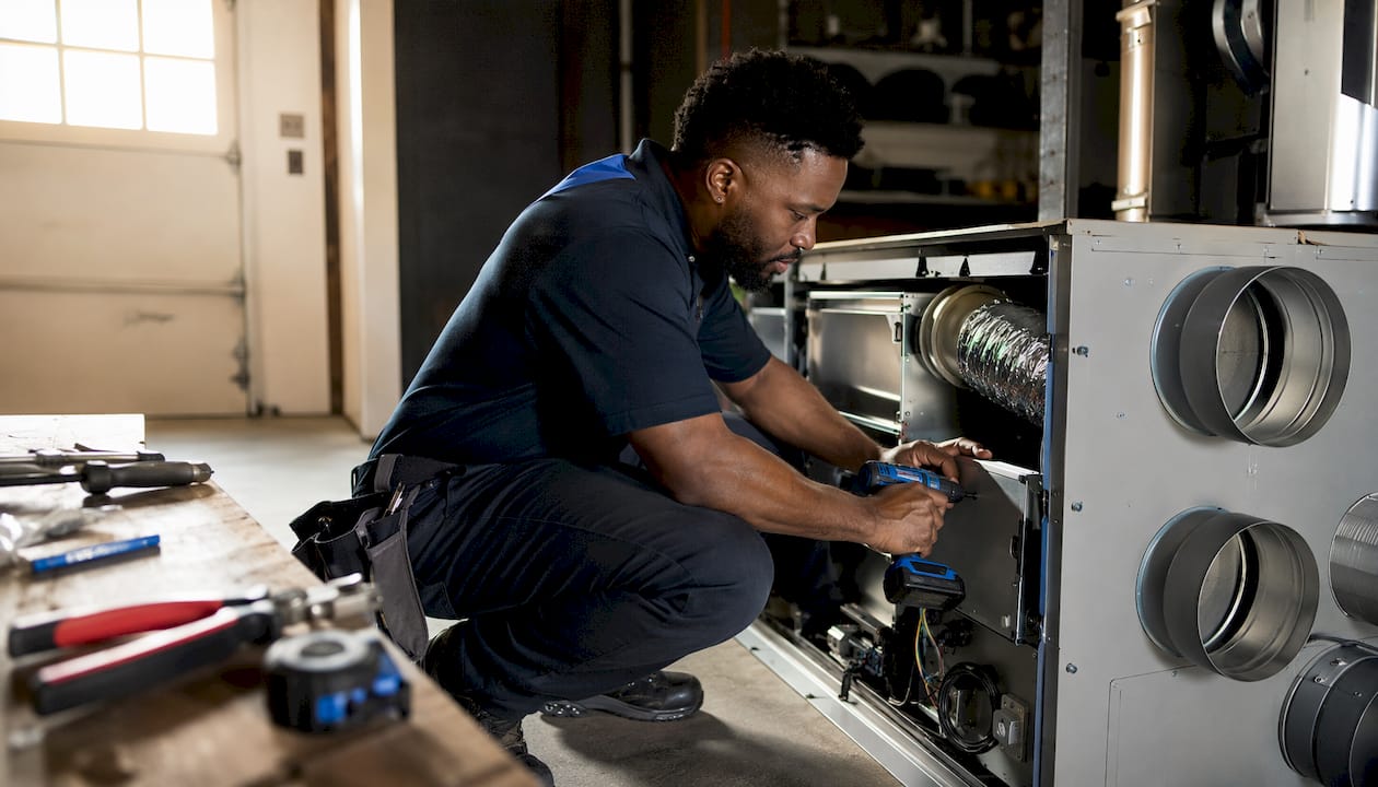 HVAC technician assembling ERV unit indoors