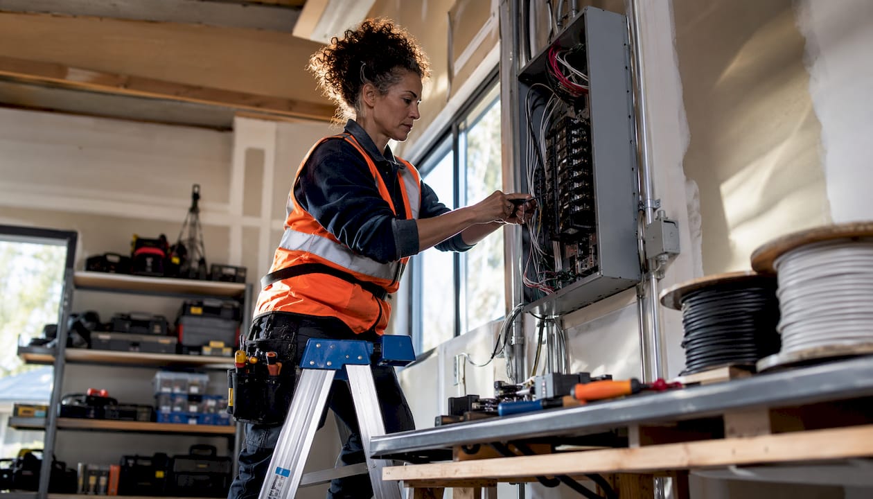 Electrician installing modern electrical panel