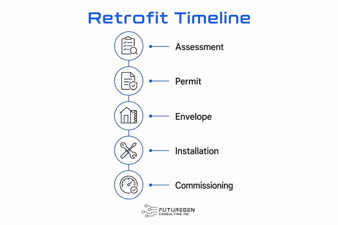 Infographic showing heat pump retrofit timeline stages in Alberta