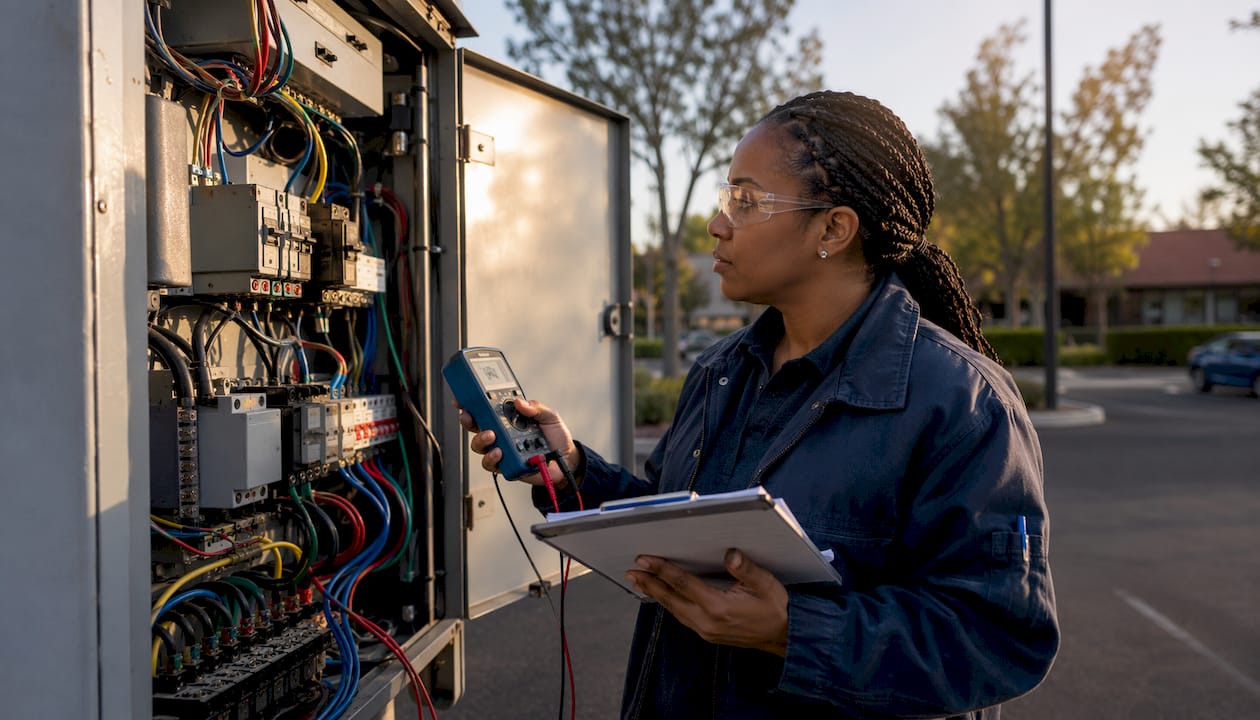 Electrical contractor inspecting charging panel