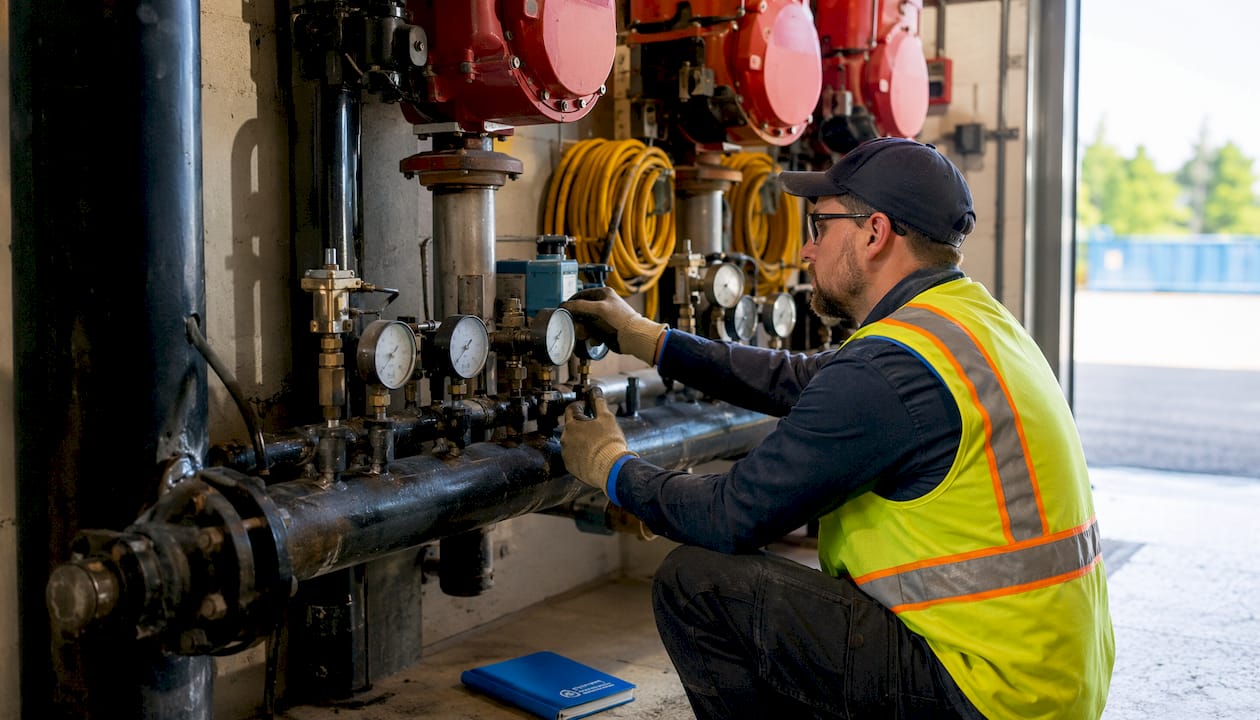 Technician adjusting dry sprinkler valve gauge
