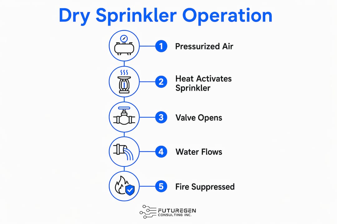 Infographic illustrating dry sprinkler system operation steps