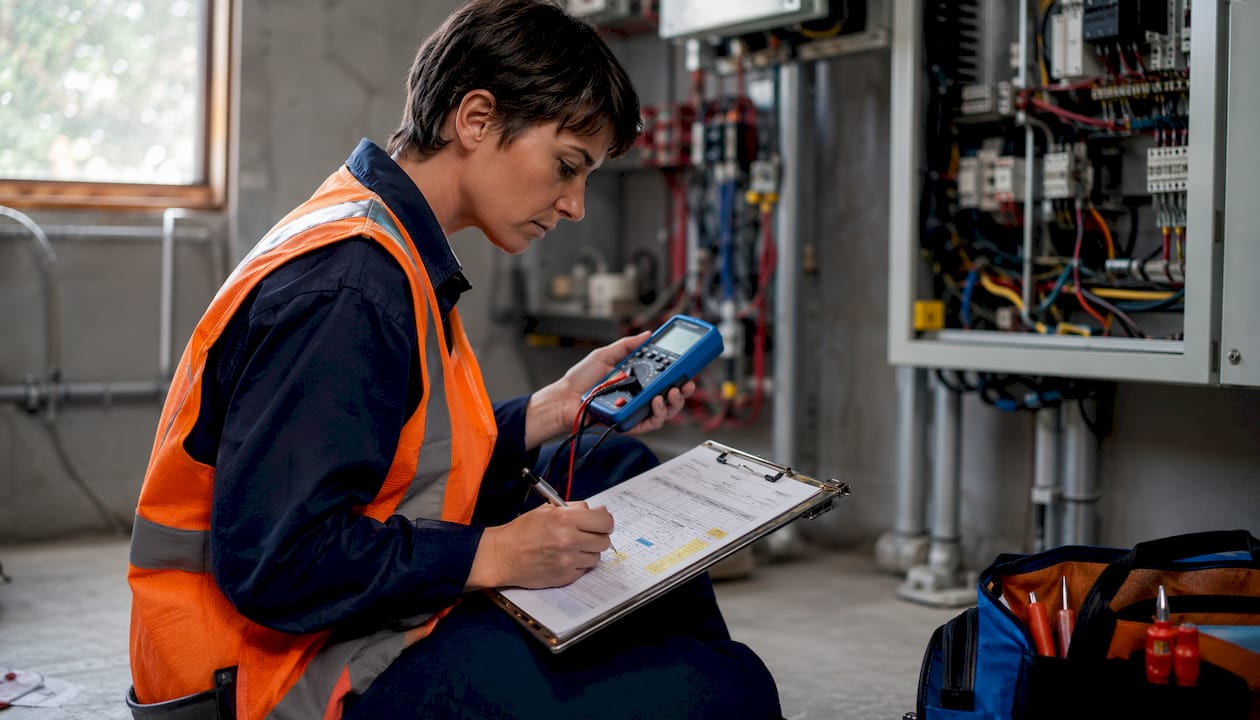 Technician recording electrical test measurements