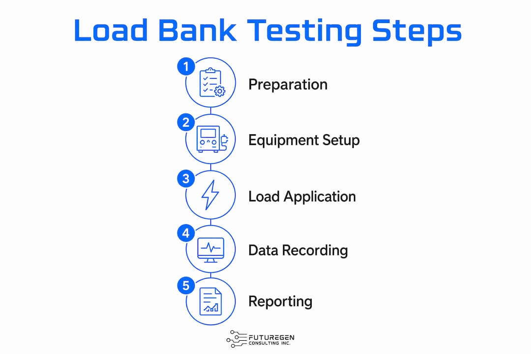 Infographic outlining steps in load bank testing procedure