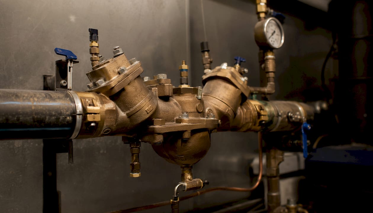 Close-up of RPZ backflow preventer assembly