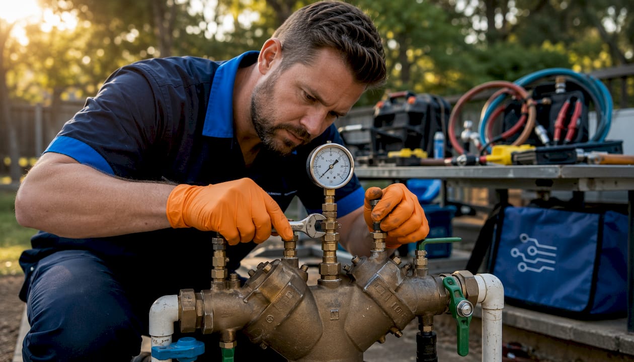 Technician testing double-check valve assembly
