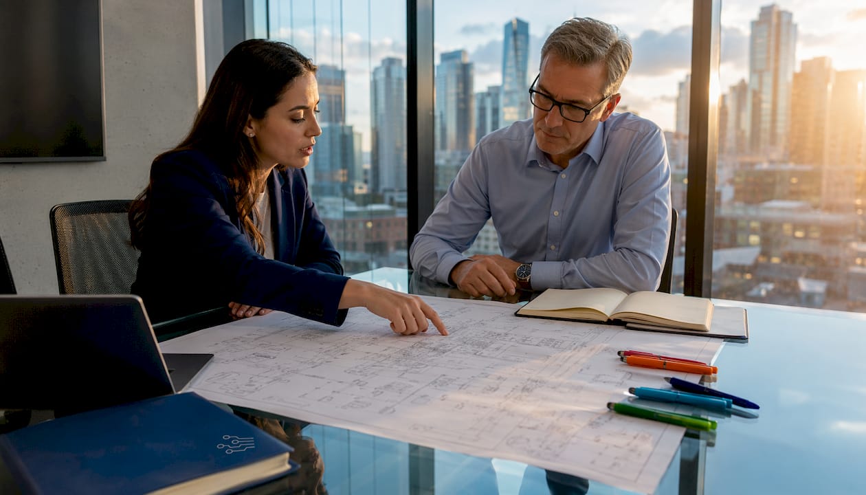 Two professionals reviewing electrical design plans together
