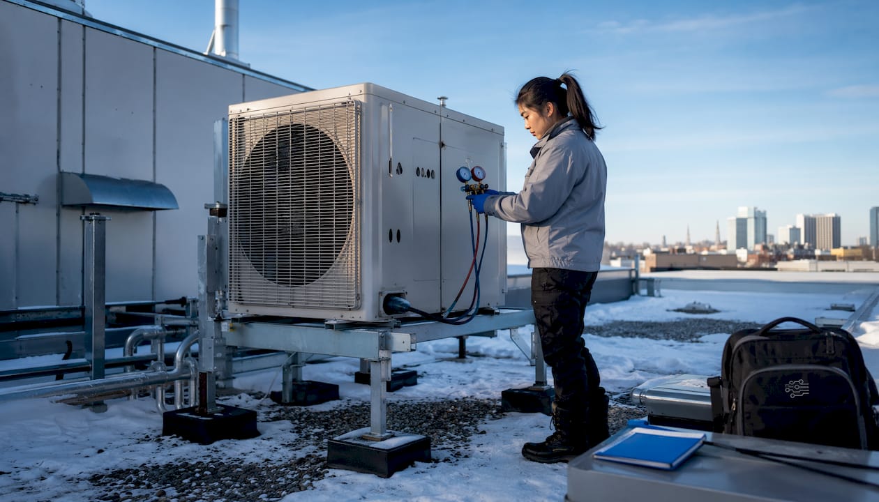 Technician inspecting rooftop cold-climate heat pump