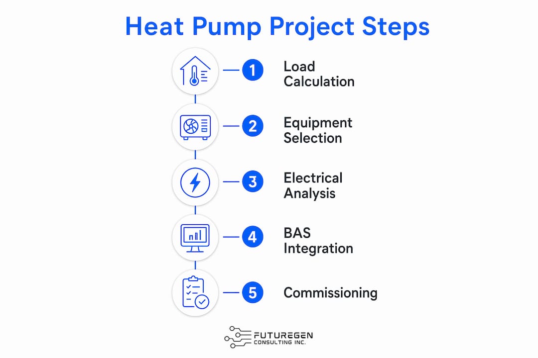 Infographic detailing heat pump project steps