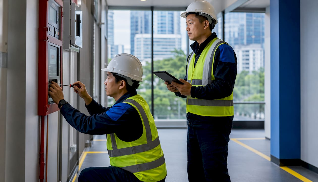 Technicians testing fire alarm panel