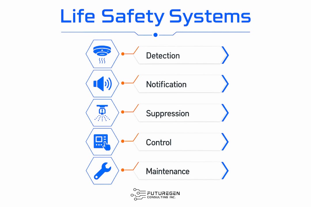 Infographic illustrating life safety system components