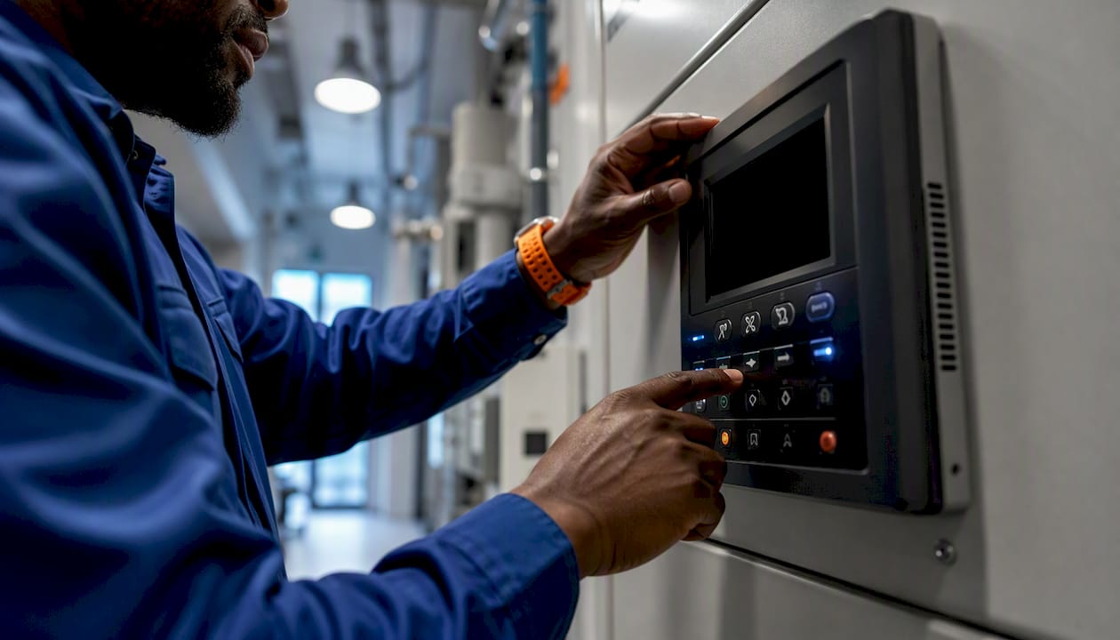 Technician operating HVAC control panel