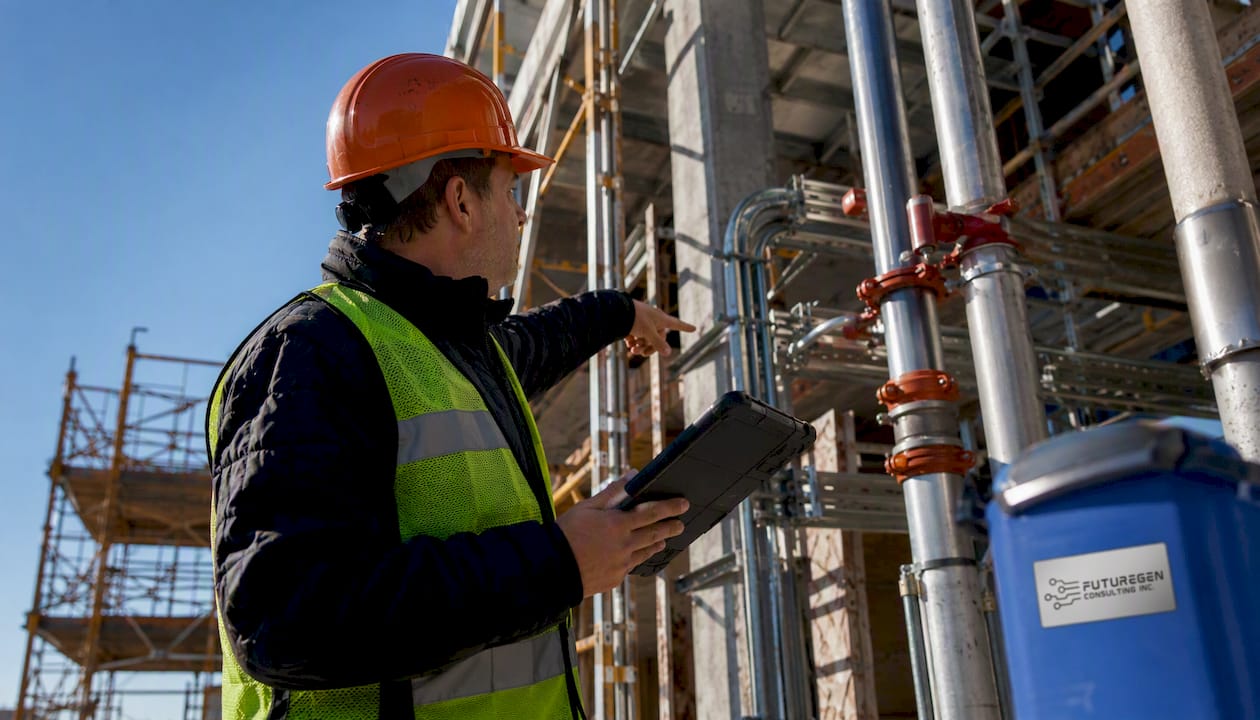 Foreman using tablet at MEP construction site
