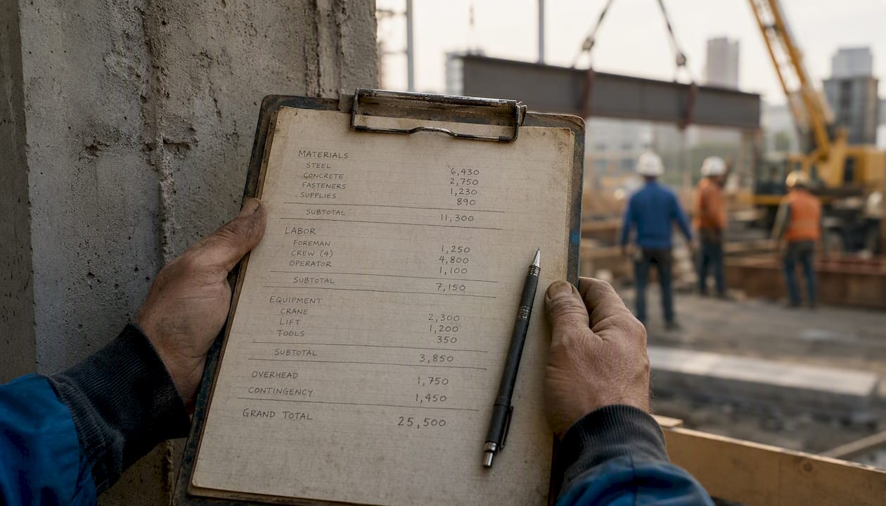 Hands holding cost notes clipboard on construction site scaffolding