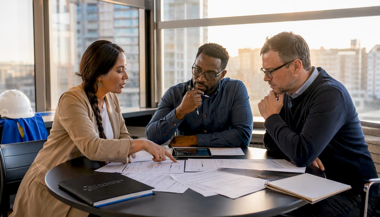 Diverse construction team discussing change orders around table